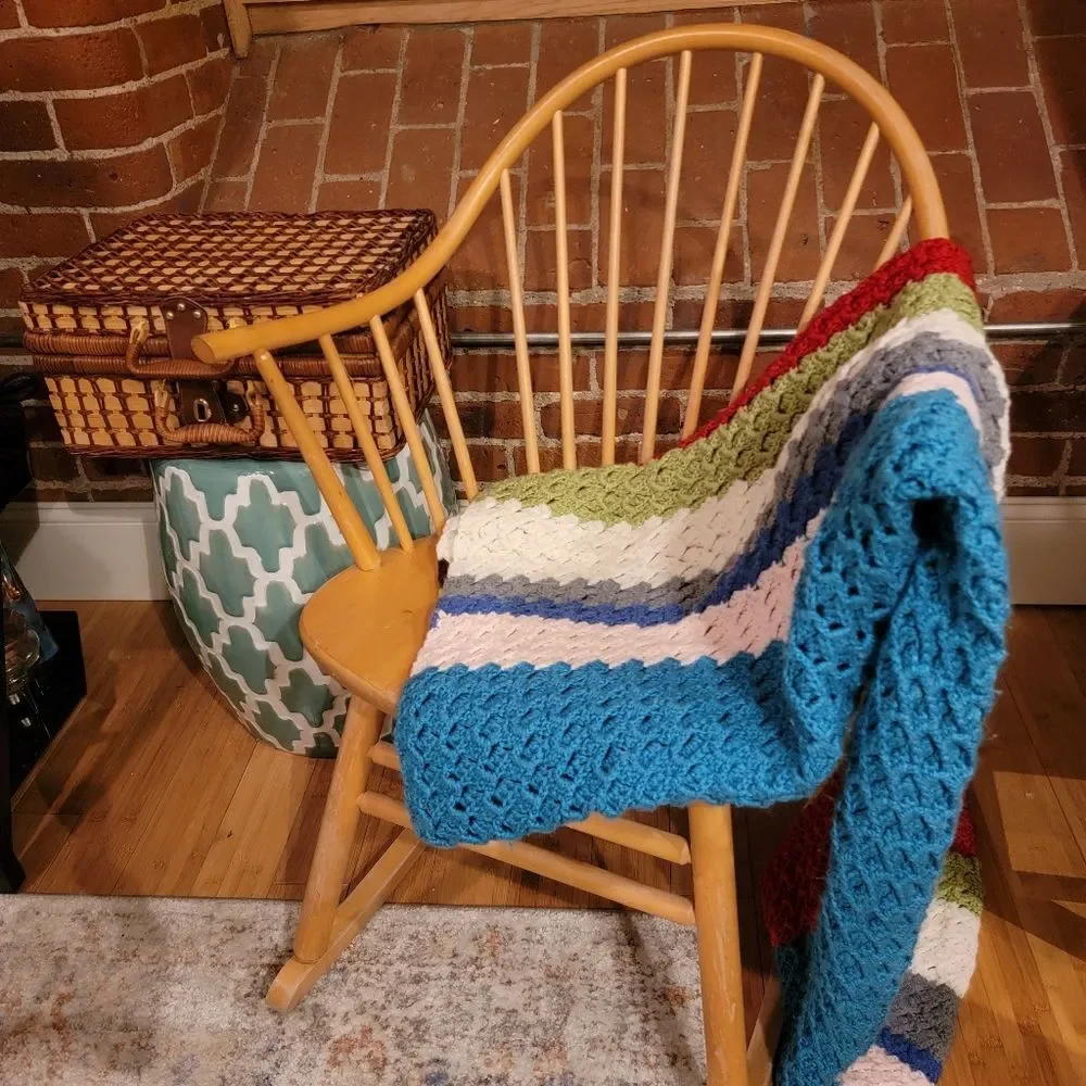 Vintage Granny Crochet Afghan Throw baby Blanket Handmade Multi Color striped
